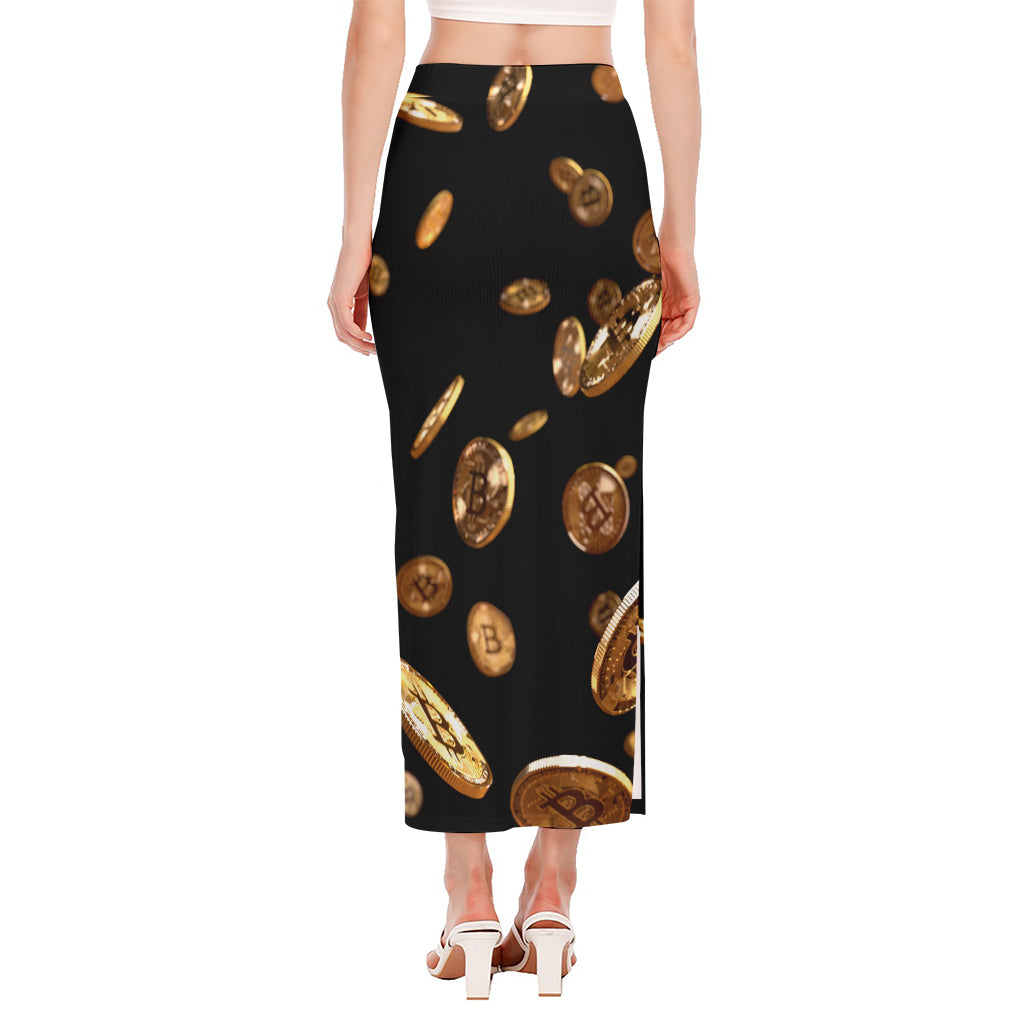 Falling Bitcoin Print Side Slit Maxi Skirt