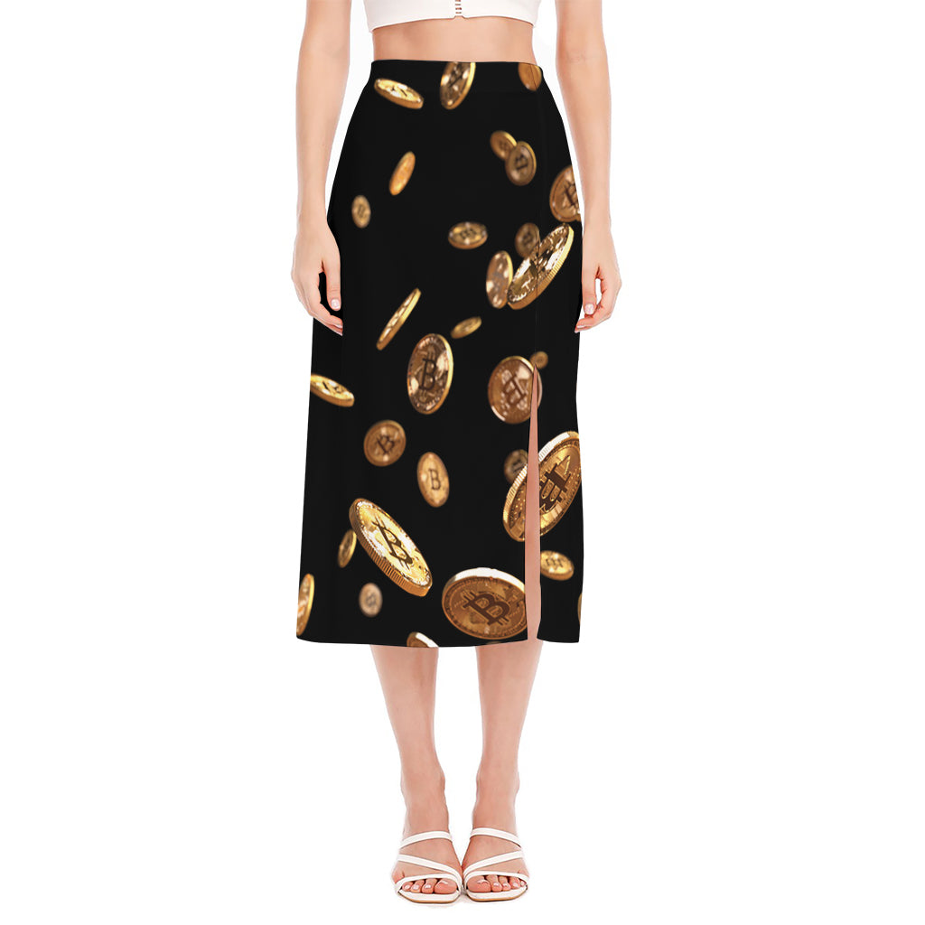 Falling Bitcoin Print Side Slit Midi Skirt