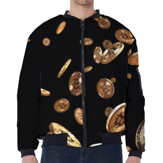 Falling Bitcoin Print Zip Sleeve Bomber Jacket