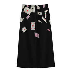 Falling Casino Card Print Cotton Front Slit Maxi Skirt