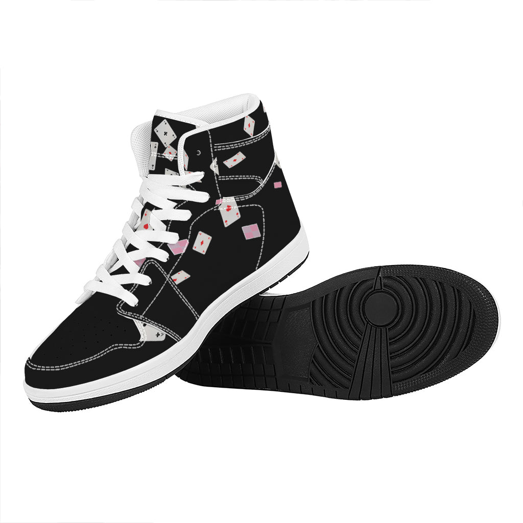 Falling Casino Card Print High Top Leather Sneakers