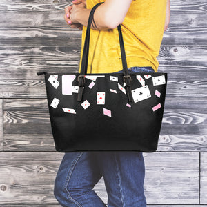 Falling Casino Card Print Leather Tote Bag