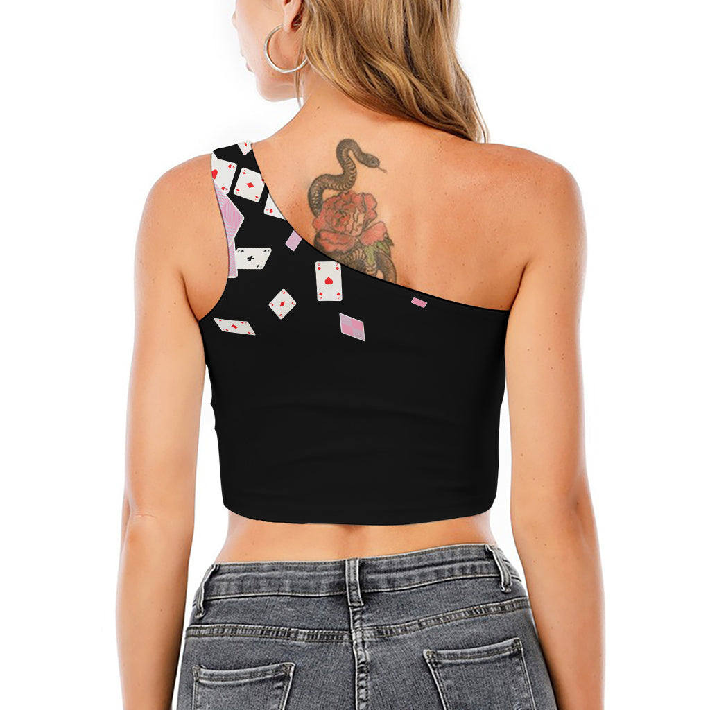 Falling Casino Card Print One Shoulder Crop Top