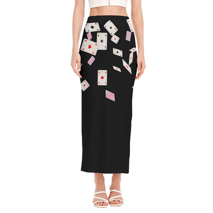 Falling Casino Card Print Side Slit Maxi Skirt