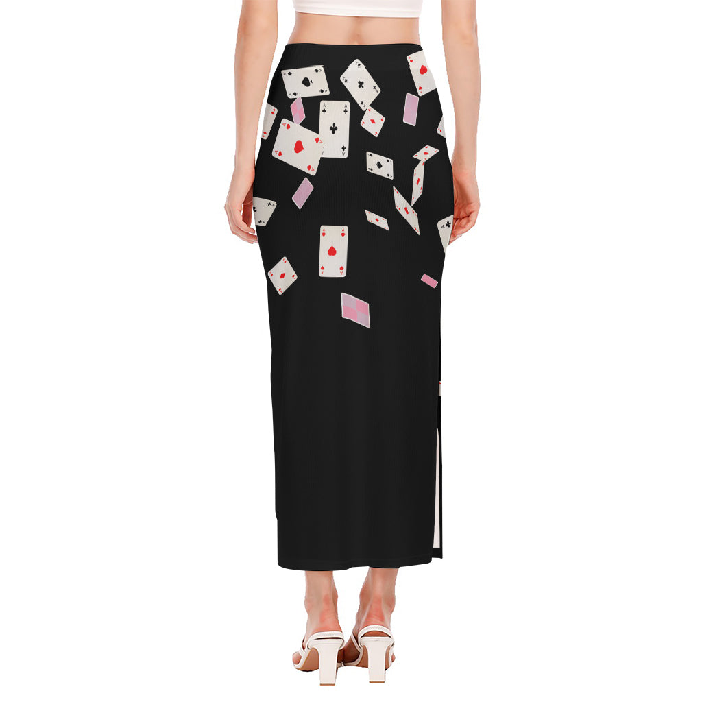 Falling Casino Card Print Side Slit Maxi Skirt