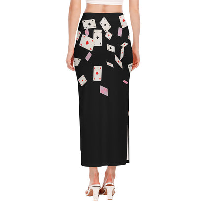 Falling Casino Card Print Side Slit Maxi Skirt