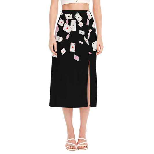 Falling Casino Card Print Side Slit Midi Skirt
