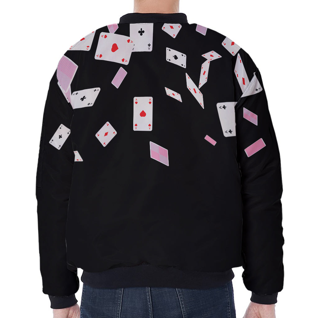 Falling Casino Card Print Zip Sleeve Bomber Jacket