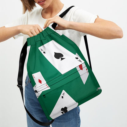 Falling Poker Cards Print Drawstring Backpack