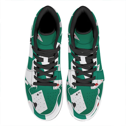 Falling Poker Cards Print High Top Leather Sneakers