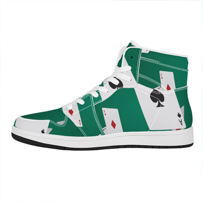 Falling Poker Cards Print High Top Leather Sneakers