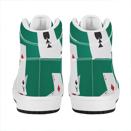 Falling Poker Cards Print High Top Leather Sneakers