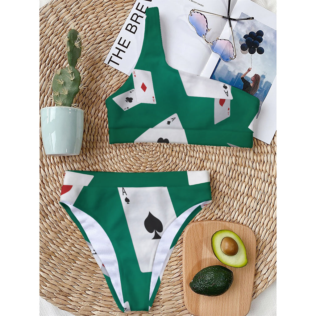 Falling Poker Cards Print One Shoulder Bikini Top