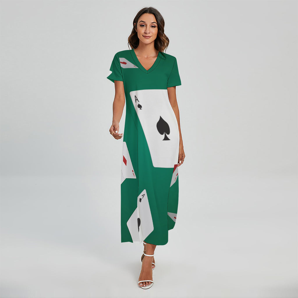 Falling Poker Cards Print Short Sleeve Maxi Dress