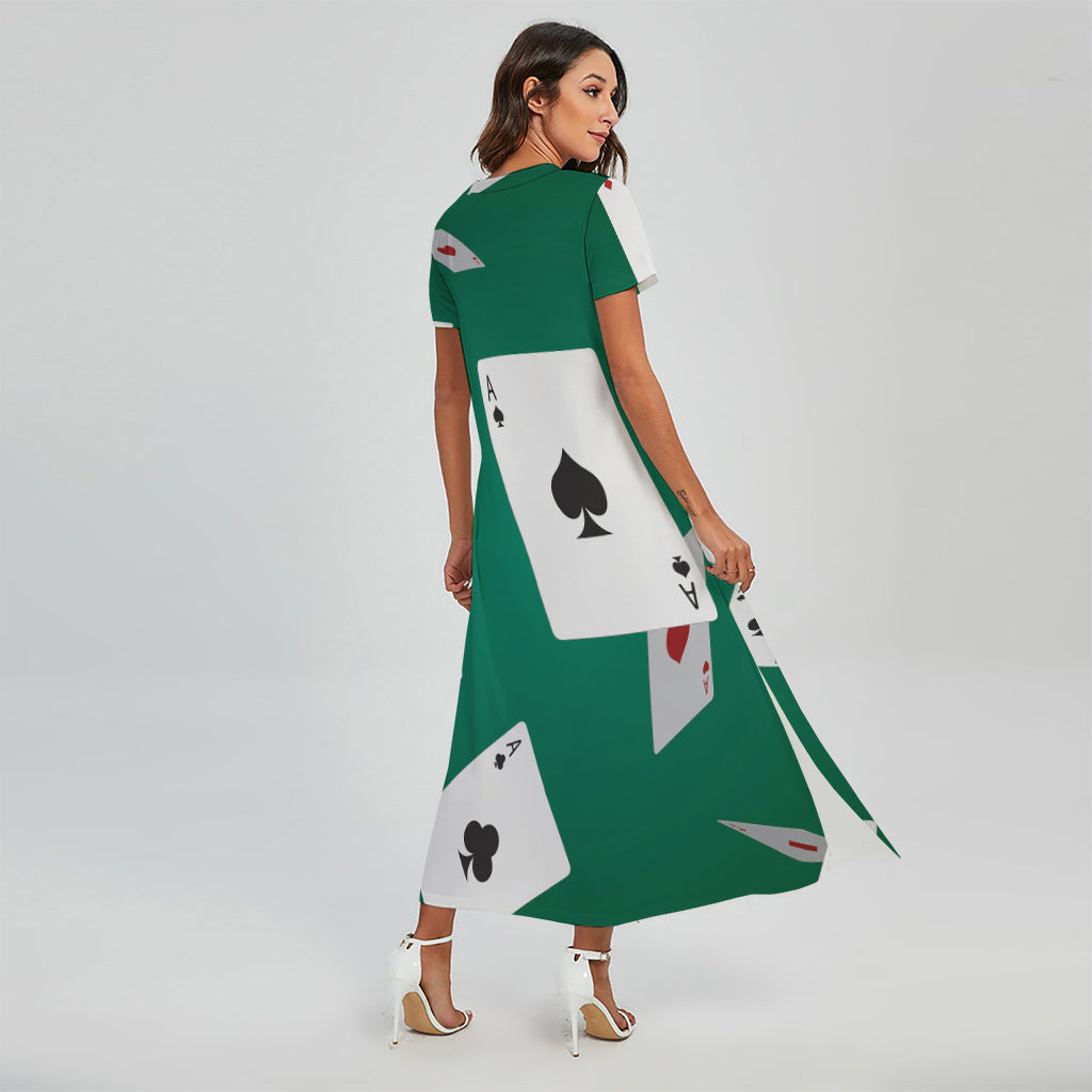 Falling Poker Cards Print Short Sleeve Maxi Dress
