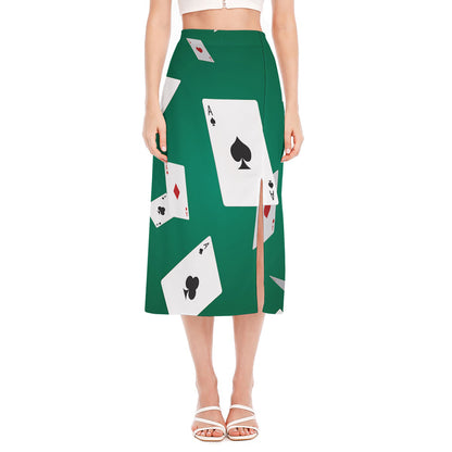 Falling Poker Cards Print Side Slit Midi Skirt
