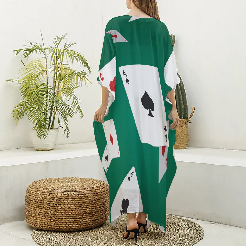 Falling Poker Cards Print Silk V-Neck Kaftan Dress
