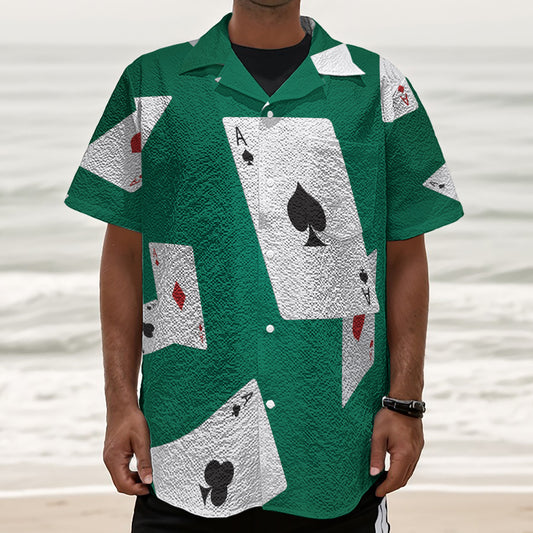Falling Poker Cards Print Textured Short Sleeve Shirt