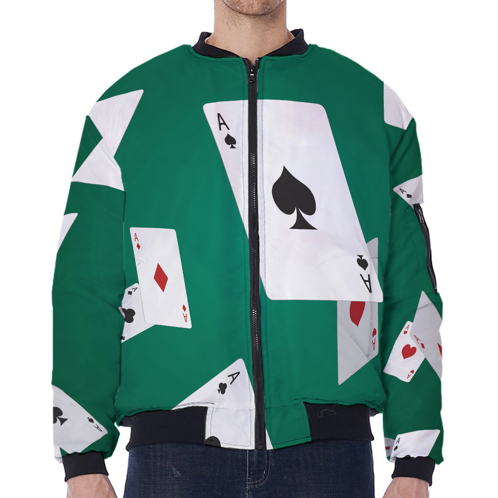 Falling Poker Cards Print Zip Sleeve Bomber Jacket