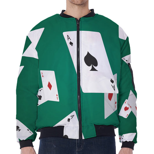 Falling Poker Cards Print Zip Sleeve Bomber Jacket