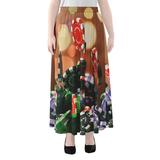 Falling Poker Chips Print Chiffon Maxi Skirt