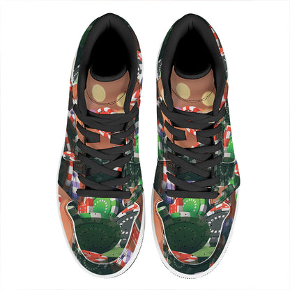Falling Poker Chips Print High Top Leather Sneakers