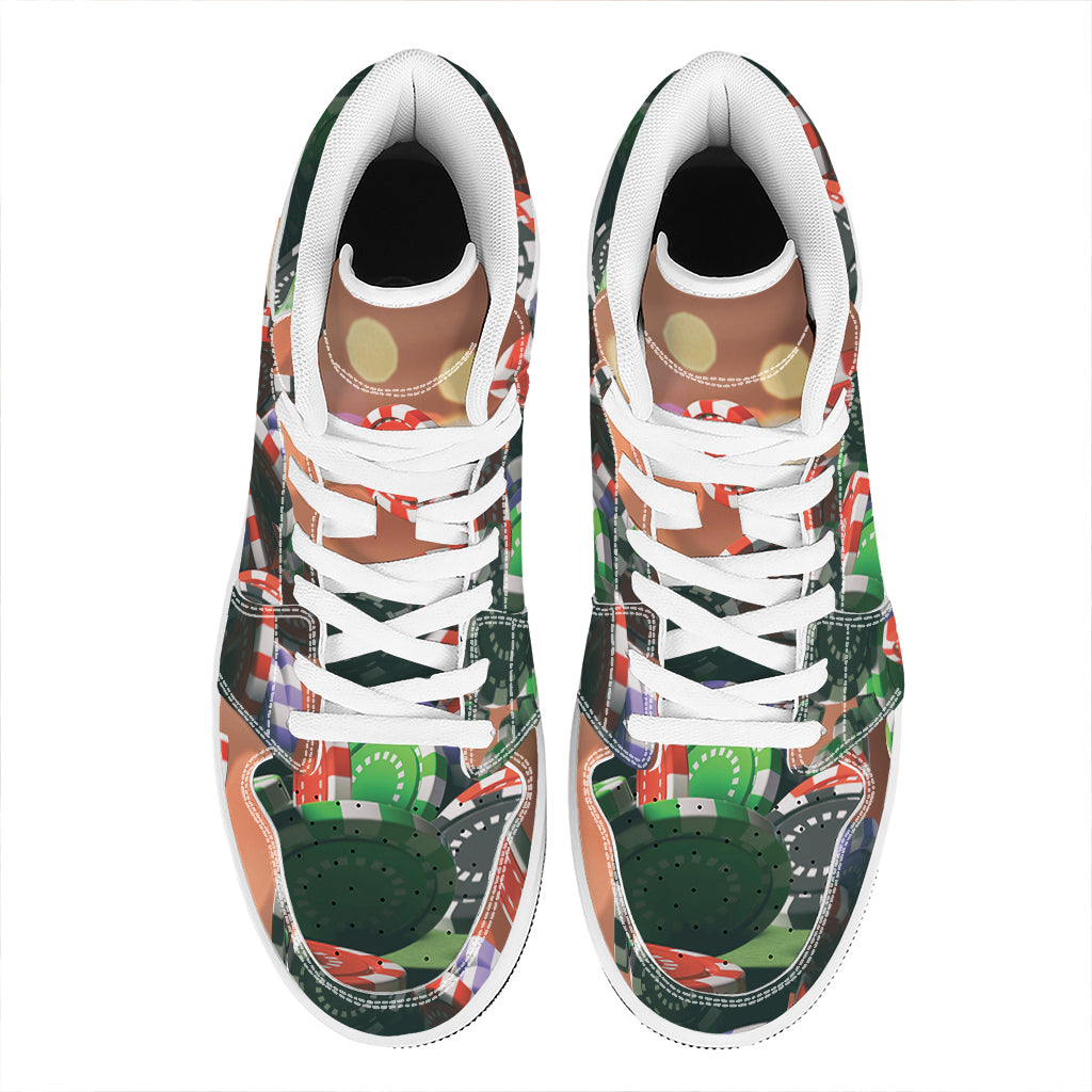 Falling Poker Chips Print High Top Leather Sneakers