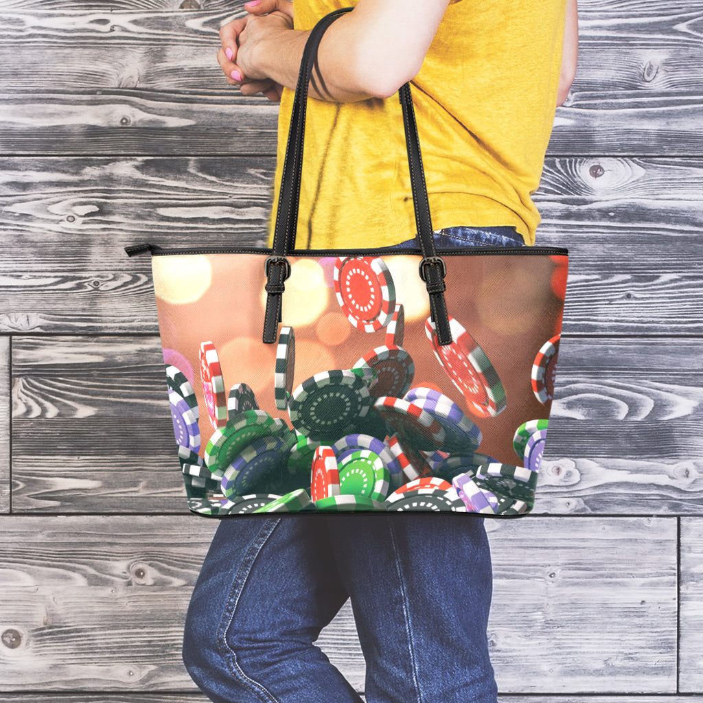 Falling Poker Chips Print Leather Tote Bag