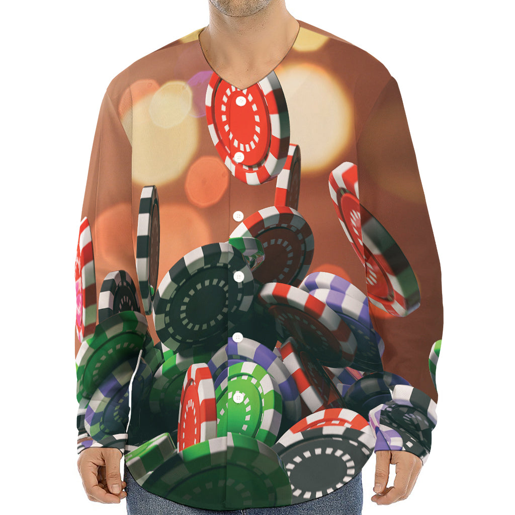 Falling Poker Chips Print Long Sleeve Baseball Jersey