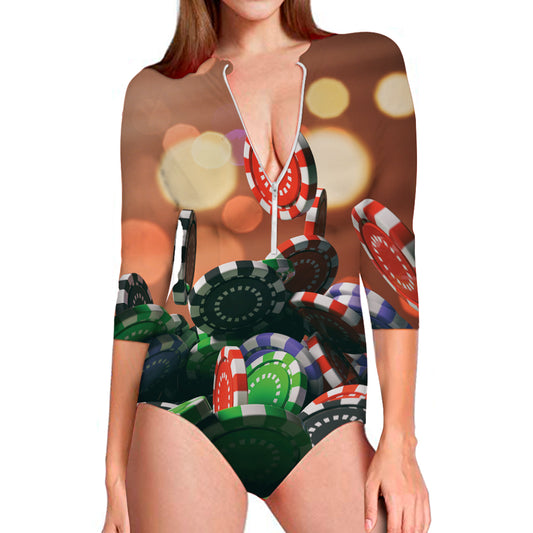 Falling Poker Chips Print Long Sleeve Swimsuit