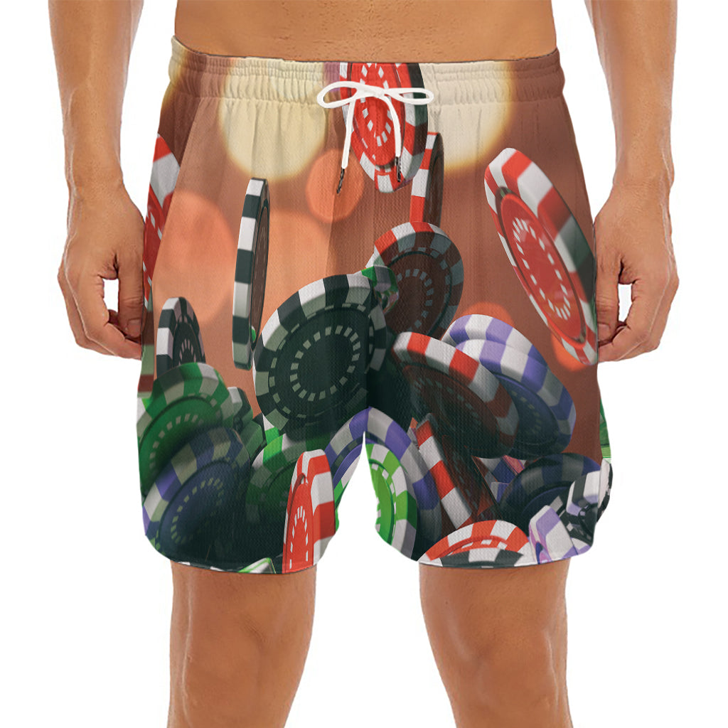 Falling Poker Chips Print Men's Split Running Shorts