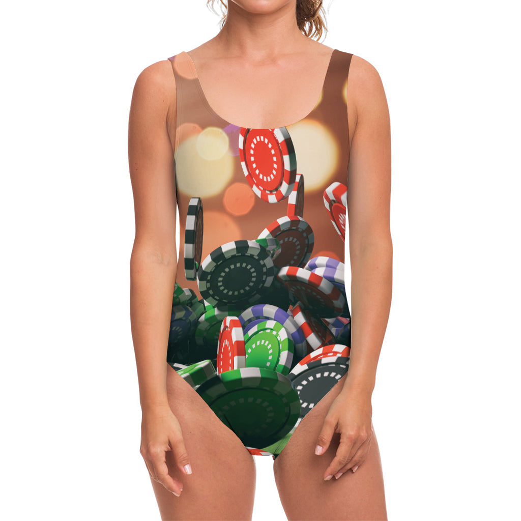 Falling Poker Chips Print One Piece Swimsuit