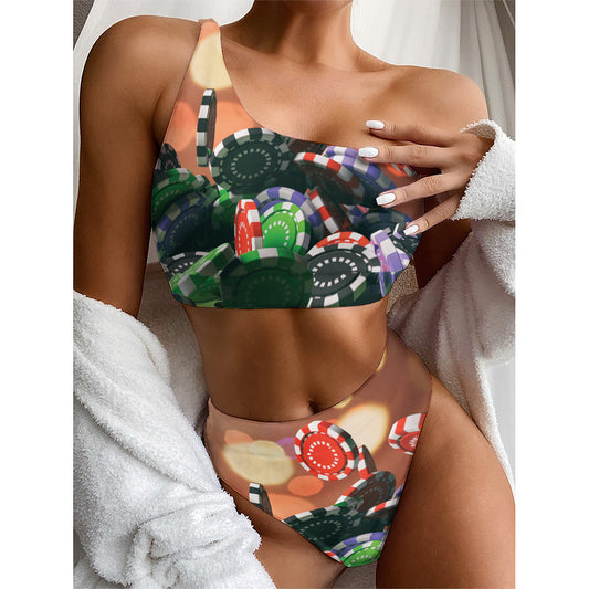 Falling Poker Chips Print One Shoulder Bikini Top