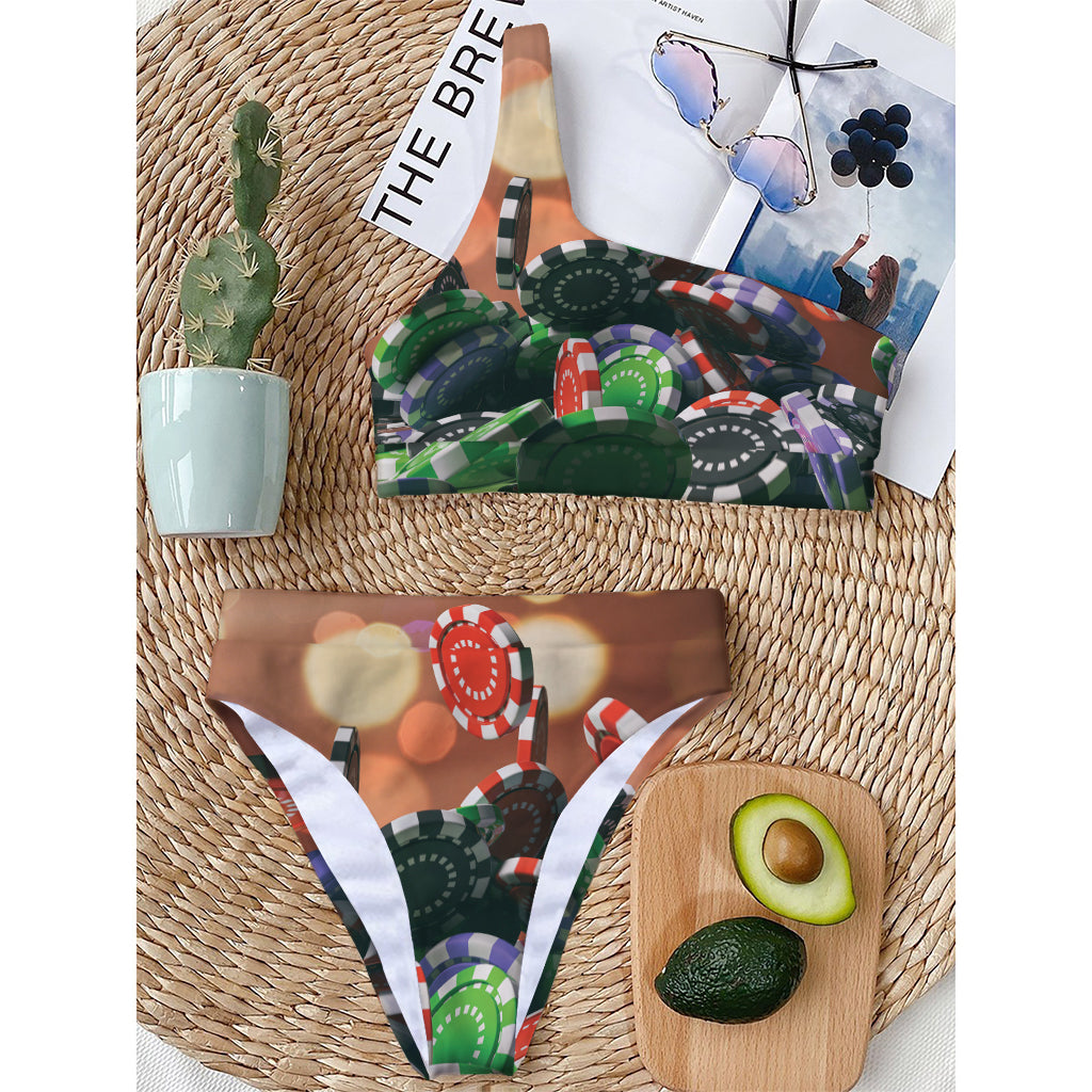 Falling Poker Chips Print One Shoulder Bikini Top