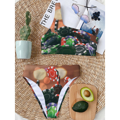 Falling Poker Chips Print One Shoulder Bikini Top