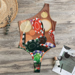 Falling Poker Chips Print One Shoulder Bodysuit