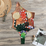 Falling Poker Chips Print One Shoulder Bodysuit