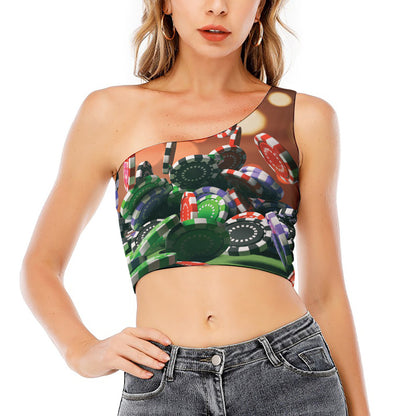 Falling Poker Chips Print One Shoulder Crop Top