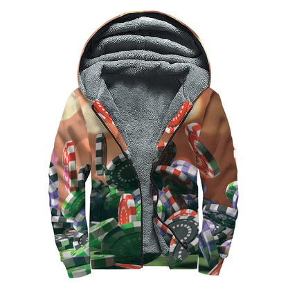 Falling Poker Chips Print Sherpa Lined Zip Up Hoodie