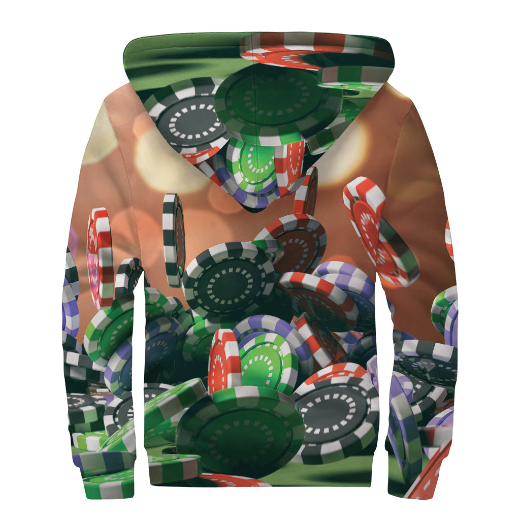 Falling Poker Chips Print Sherpa Lined Zip Up Hoodie