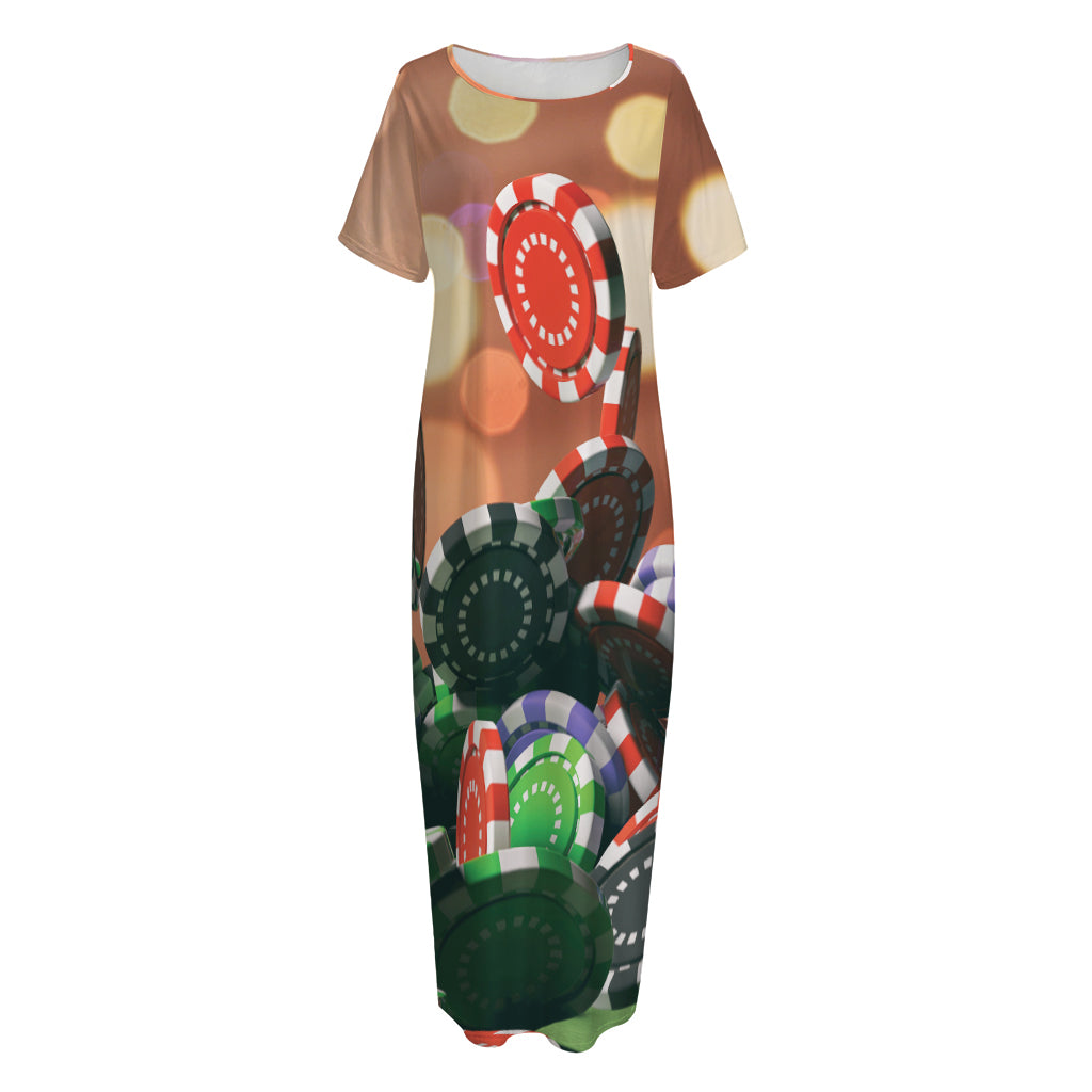 Falling Poker Chips Print Short Sleeve Long Nightdress