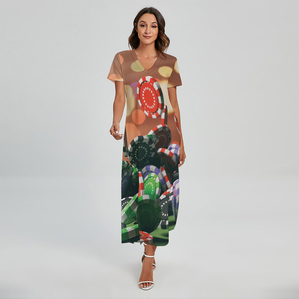 Falling Poker Chips Print Short Sleeve Maxi Dress