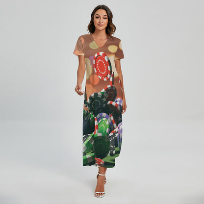 Falling Poker Chips Print Short Sleeve Maxi Dress