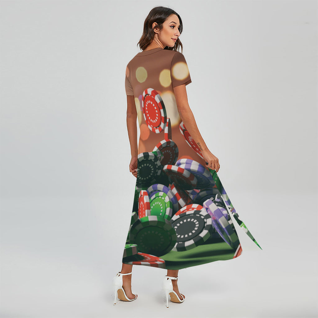 Falling Poker Chips Print Short Sleeve Maxi Dress