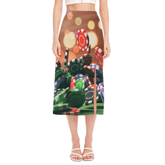Falling Poker Chips Print Side Slit Midi Skirt