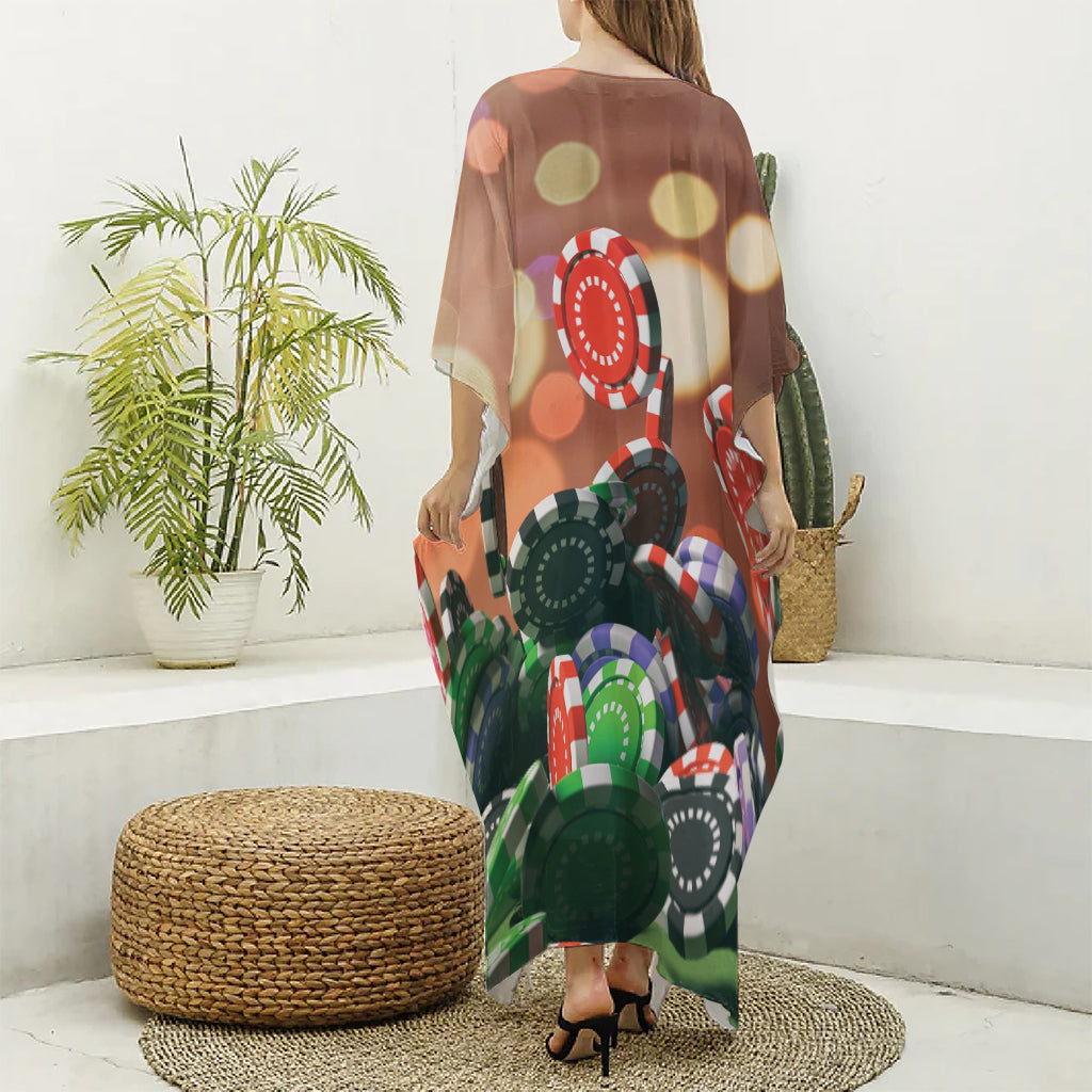 Falling Poker Chips Print Silk V-Neck Kaftan Dress