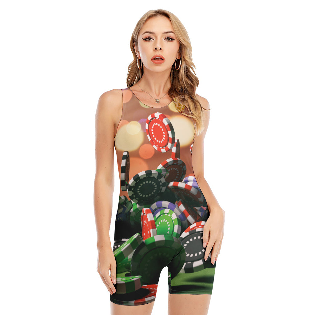 Falling Poker Chips Print Sleeveless One Piece Swimsuit