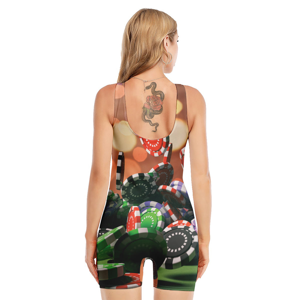 Falling Poker Chips Print Sleeveless One Piece Swimsuit