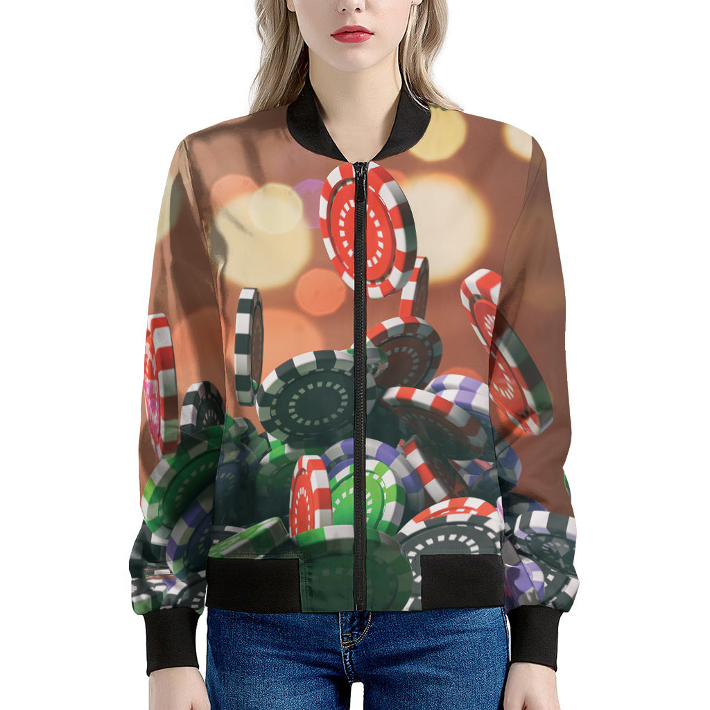 Falling Poker Chips Print Women's Bomber Jacket