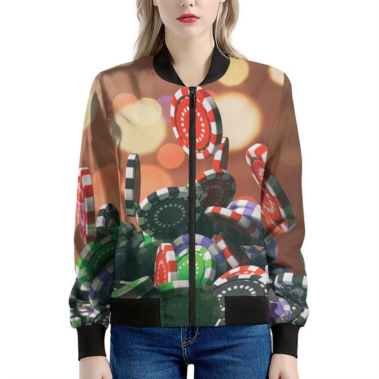 Falling Poker Chips Print Women's Bomber Jacket